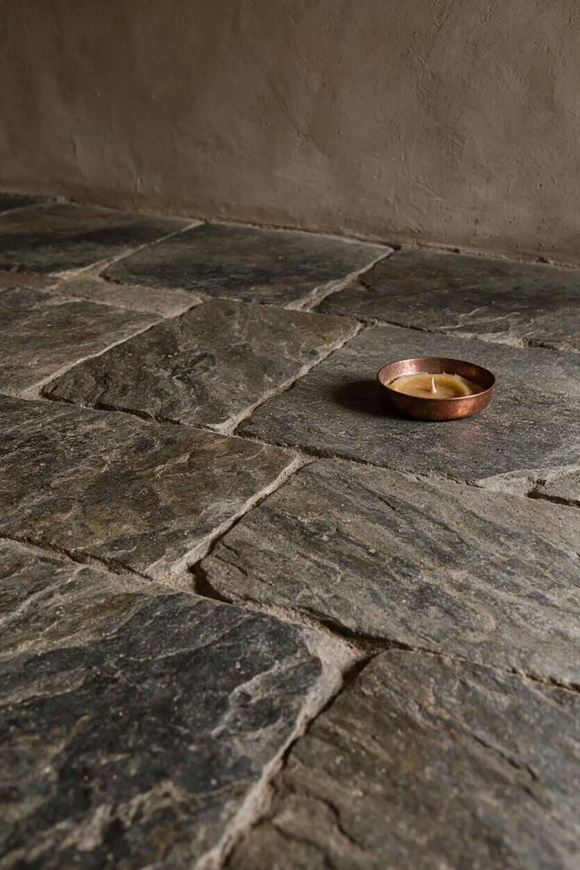 A rustic interior detail shows irregular slate stone floor tiles in dark gray and earthy tones, set beneath a smooth clay plaster wall. A small copper candle holder with a lit candle sits on the floor, creating a quiet, understated Wabi-Sabi mood.