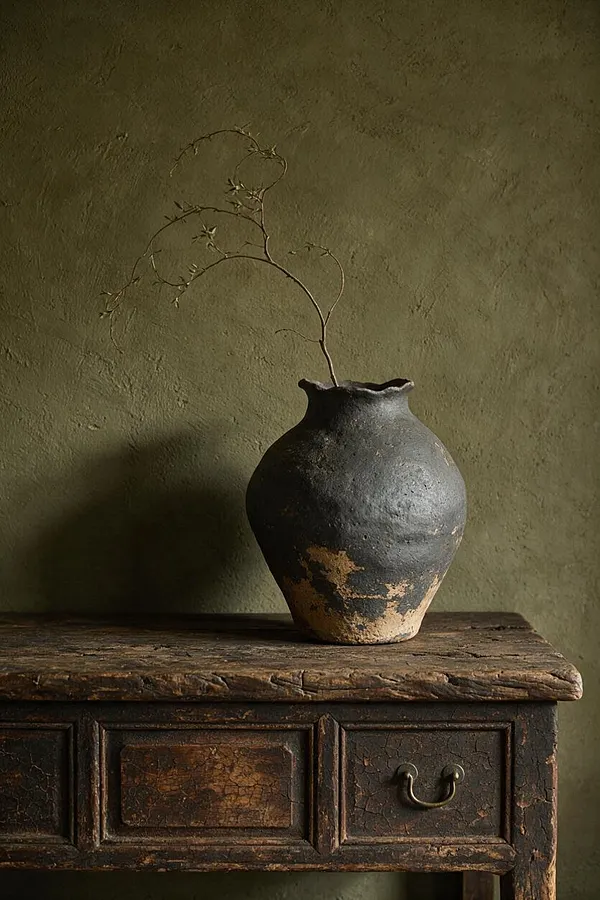 A dark, rounded ceramic vase with a narrow neck and chipped earthy finish sits on a distressed wooden cabinet. A delicate bare branch rises from the vase against a muted olive wall, creating a sparse, calm Wabi-Sabi composition.