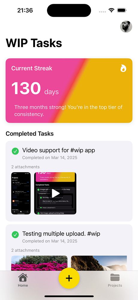 The image displays a mobile app interface showcasing current tasks and completed tasks for a project labeled '#wip'.