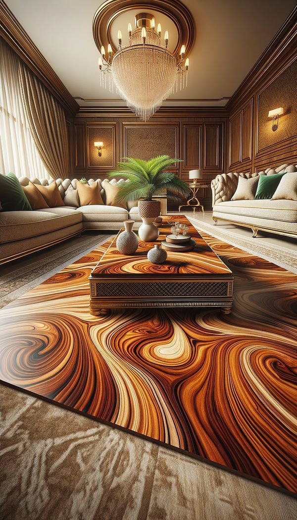 A luxurious living room with a veneer-finished coffee table at the center, showcasing beautiful wood grain patterns.