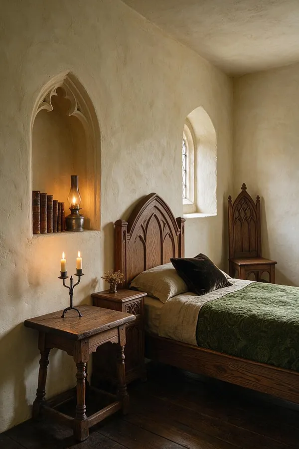 A Gothic-style guest bedroom with a carved wooden headboard, a green bedspread, and dark wood furniture. Arched wall niches hold books and a lamp, while candlelight and a small arched window add a warm, moody atmosphere.