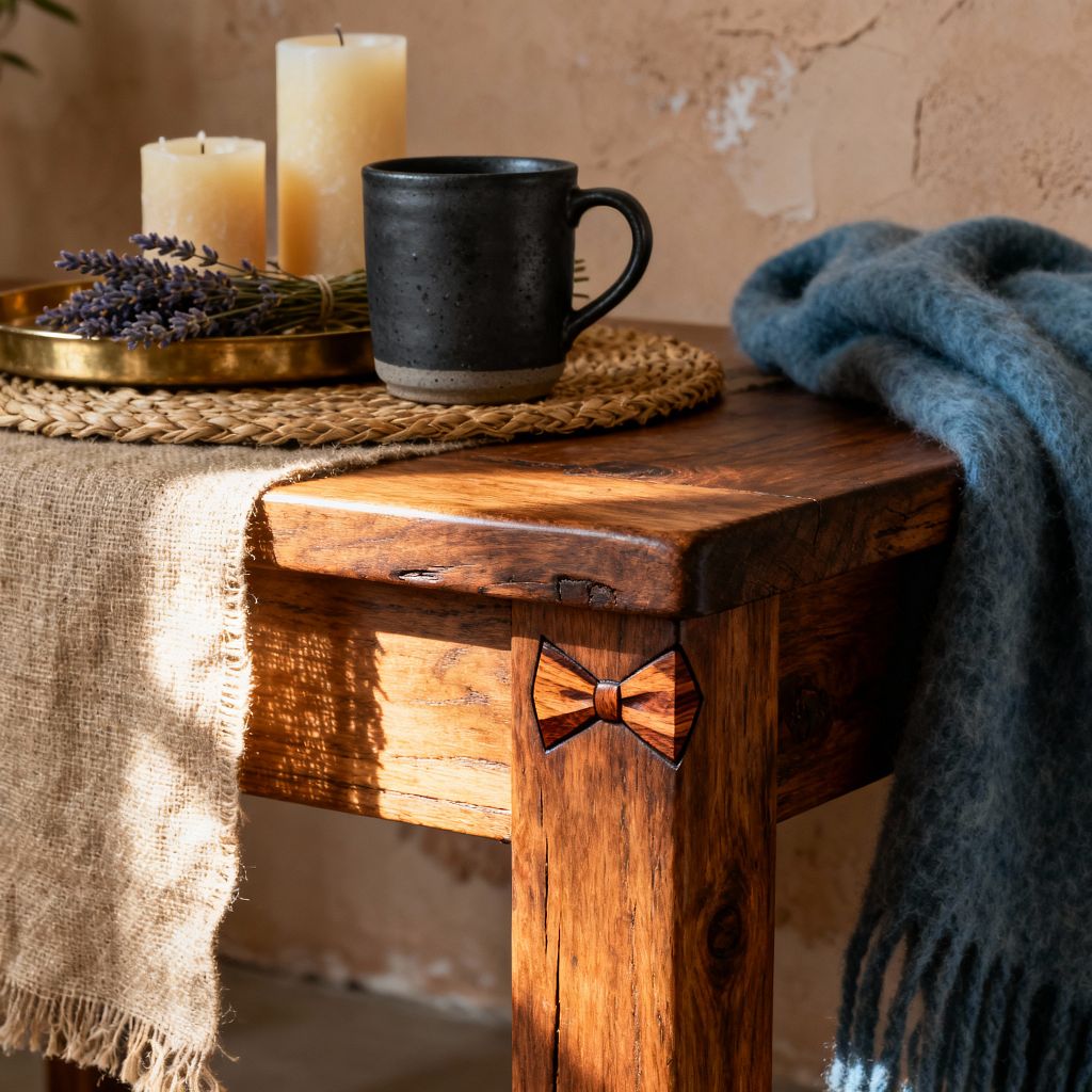 Close-up of a rustic living room vignette featuring a solid wood end table with a butterfly bow-tie inlay and rich, honey-toned grain. On the tabletop, a woven jute mat holds a brass tray with cream pillar candles, a bundle of lavender, and a black stoneware mug. A loosely woven burlap runner drapes over the edge, while a slate-blue wool throw rests on the corner. The background shows a warm, textured plaster wall illuminated by natural sunlight.