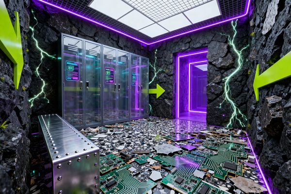 A cyberpunk-inspired mudroom features black rock walls streaked with green light, purple LED strips along the ceiling and doorway, and bright lime arrows. On the left are glass-front lockers with digital decals beside a riveted stainless-steel bench; the floor combines speckled terrazzo with exposed printed circuit boards, while a grid ceiling with light panels casts a cool, futuristic glow.