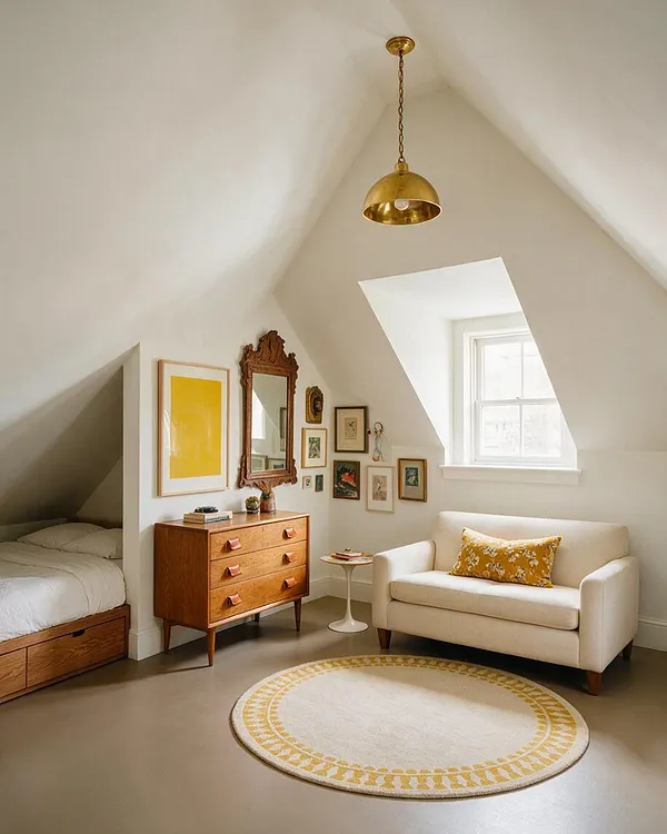 A bright attic studio apartment with sloped white ceilings, a brass pendant light, and a small seating area. The room includes a cream sofa with a yellow patterned pillow, a round rug with a yellow border, a mid-century wooden dresser, a large carved mirror, and a gallery wall of framed art beside a tucked-away bed nook.