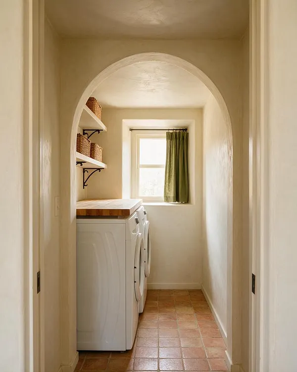 A narrow Mediterranean-style laundry room with a soft stucco-like finish, a rounded archway, terracotta tile flooring, and white washer and dryer units along one side. Open shelves with woven baskets and a wood countertop add warmth, while a small window with an olive-green curtain brings in natural light.