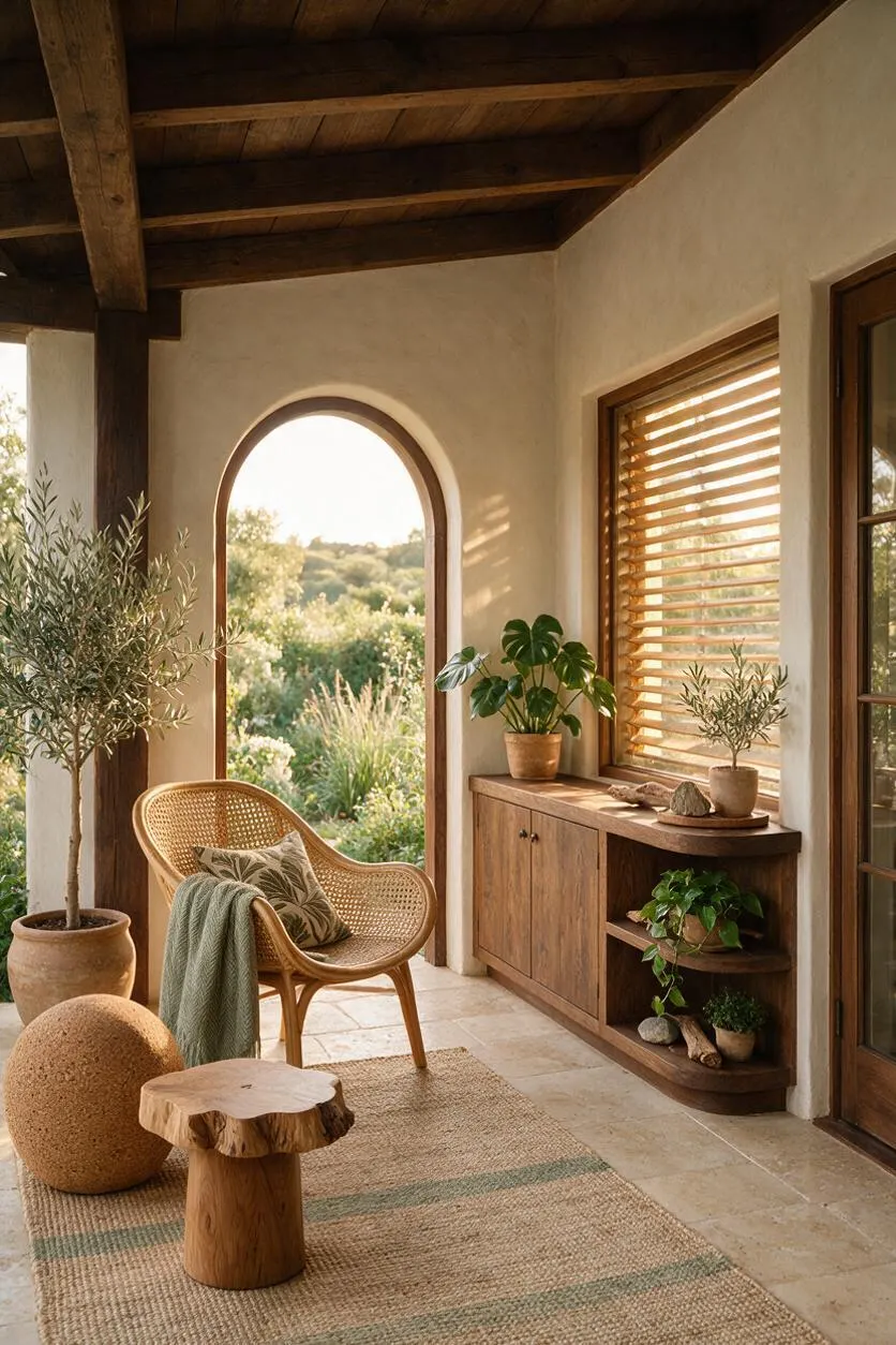 A serene front porch with exposed dark wood ceiling beams, smooth plaster walls, and an arched opening looking onto lush greenery. The space includes a woven lounge chair, potted olive trees and houseplants, a rustic wood cabinet, a jute rug, and natural wood accents throughout.