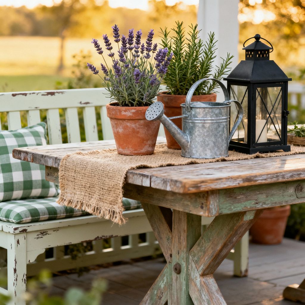 A rustic patio scene shows a weathered wood trestle table with a distressed sage-green base, topped with a burlap runner, terracotta pots of lavender and rosemary, a galvanized watering can, and a black lantern with a white pillar candle. Behind the table sits a chippy mint-painted bench with green-and-white gingham cushions, all bathed in warm sunset light against a soft-focus rural landscape.