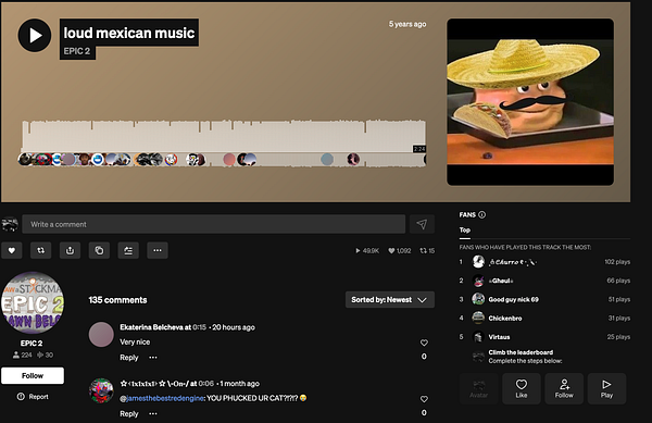 Screenshot of a Reddit thread showing replies to a comment about an earrape Mexican song from two years ago.