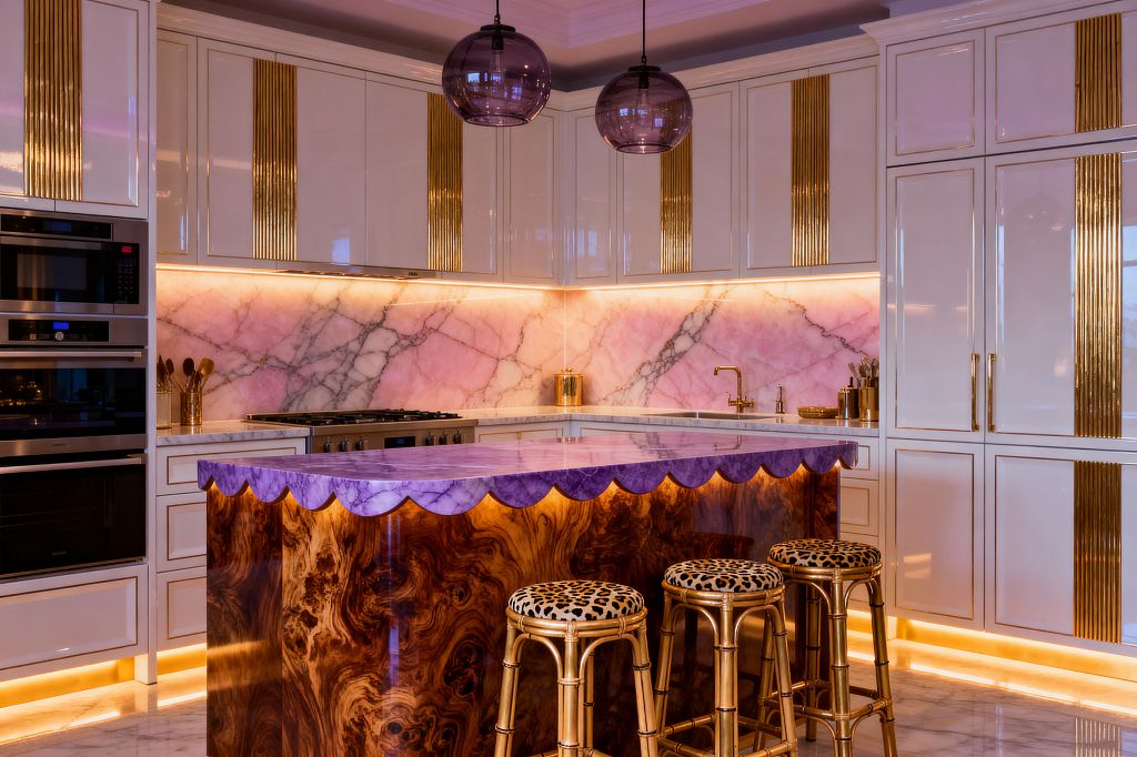 A glamorous kitchen showcases cream lacquer cabinets detailed with vertical gold fluting and a backlit pink stone backsplash, paired with a brass faucet and hardware. A burl wood waterfall island with a scalloped purple marble top faces gold bamboo stools in leopard upholstery, while smoked violet glass pendants, under-cabinet strips, and toe-kick LEDs reflect across polished white marble floors beside built-in stainless appliances.