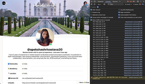 A profile page from RemoteOK displaying a user's information alongside a console log from a web browser's developer tools.