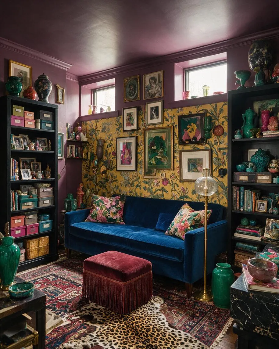 A compact studio apartment packed with maximalist décor, featuring purple walls and a yellow floral wallpaper accent behind a deep blue velvet sofa. The room is filled with framed art, black bookcases of colorful objects, patterned rugs, a leopard-print hide, and rich jewel-toned accessories in green, pink, and teal.