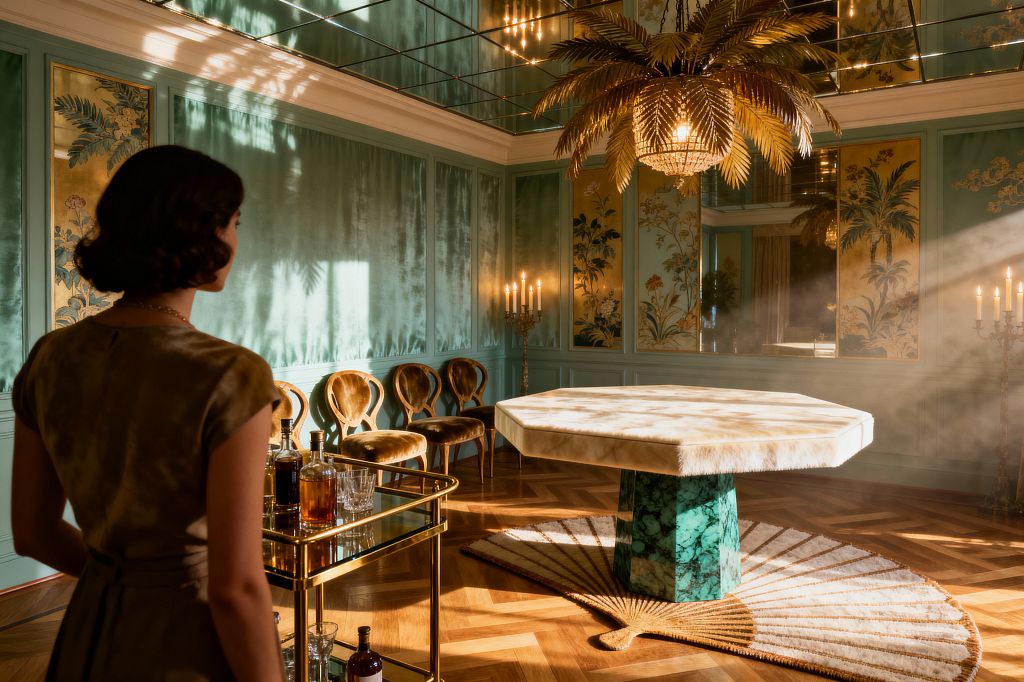 A glamorous Hollywood Regency dining room features pale mint paneled walls with gold-leaf chinoiserie panels and a mirrored ceiling reflecting a crystal palm-frond chandelier. At center stands an octagonal table with an ivory upholstered top on an emerald malachite pedestal over a fan-shaped rug, with champagne-velvet chairs, tall brass candelabra, and a brass-and-glass bar cart on herringbone oak flooring as sunlight streams across the room.