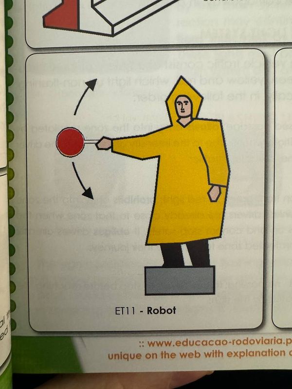An illustration of a robot figure signaling with a red disc.