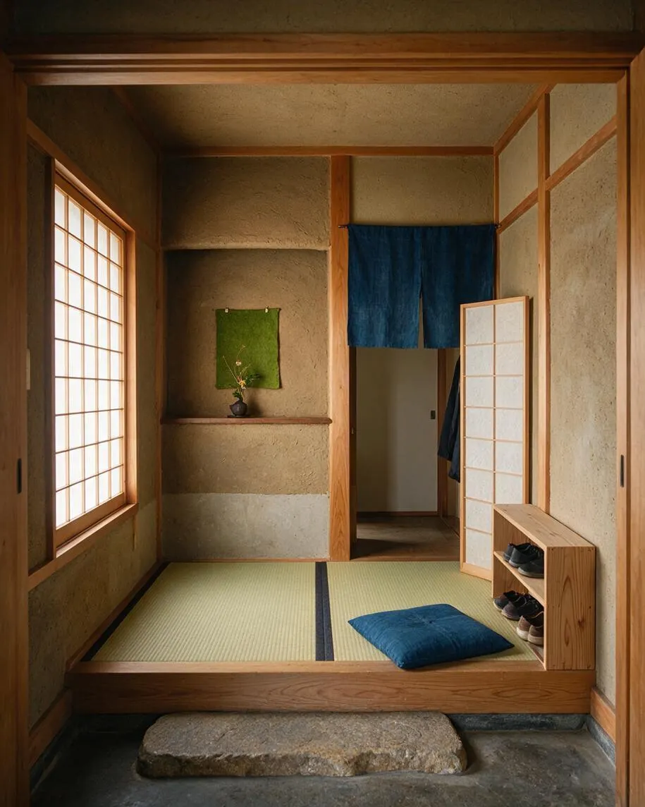 A traditional Japanese Zen entryway with tatami flooring, warm wood trim, textured earth-toned walls, and shoji-style sliding panels. A small wooden shoe rack, indigo fabric curtain, green wall hanging, and a stone step create a calm, minimalist atmosphere.