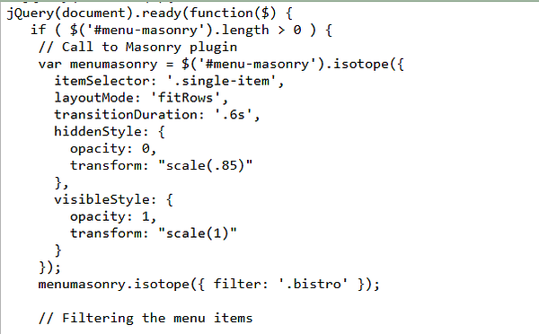The image displays a snippet of jQuery code related to a website's menu functionality.