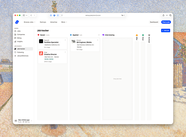 Screenshot of a job application tracker dashboard with visual status bars and job listings.