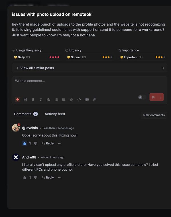 A user reports issues with photo uploads on the RemoteOK platform, seeking assistance from the community.