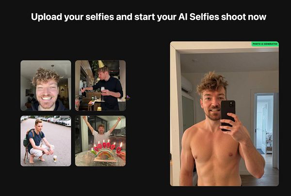 The image features a collage of selfies alongside a prominent call to action for uploading selfies for AI-generated photos.
