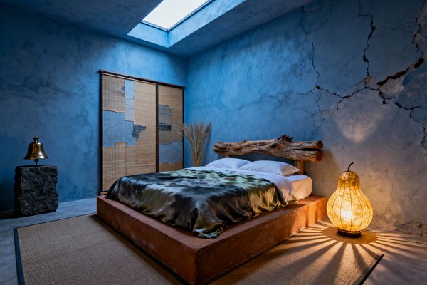 Bedroom with weathered blue plaster walls showing cracks, a low terracotta platform bed, and a driftwood log headboard under a ceiling skylight. The bed is dressed in a tie-dye olive and charcoal duvet with white pillows. At right, a gourd-shaped washi paper lamp casts warm radial shadows; at left, a brass bell sits on a rough basalt block. Bamboo sliding screens patched with fabric and a natural fiber floor mat complete the simple, Wabi-Sabi look.