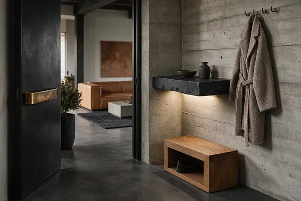 A Brutalist entryway with raw concrete walls, a dark charcoal door, and a brass handle. The space includes a black stone shelf with soft underlighting, a wooden bench, wall hooks with a textured robe, and a polished concrete floor leading into a warmly furnished room beyond.