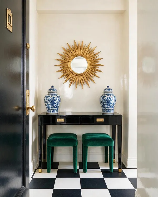 A chic entryway with a black lacquer console table against cream walls, topped by two blue-and-white porcelain jars. A gold sunburst mirror hangs above the table, and two emerald green velvet stools sit below on a black-and-white checkerboard floor.
