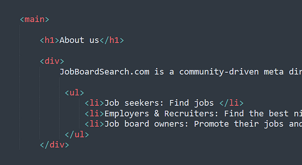 The image displays a code snippet for an 'About Us' page in HTML format.