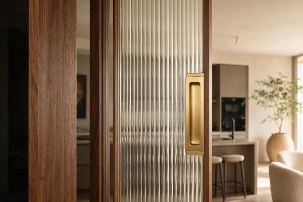 A close-up of a modern interior door featuring vertical ribbed glass in a warm wood frame and a brushed brass pull handle. In the softly blurred background, an open-plan kitchen and living area appear in neutral tones with natural light.