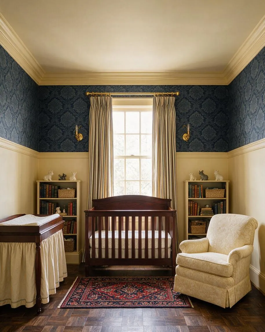 A traditional nursery with dark navy damask wallpaper above cream wainscoting, a dark wood crib centered under a bright window with striped drapes, and matching bookcases on each side. A cream upholstered rocking chair, a vintage-style rug, and a wood-framed bassinet create a refined, classic atmosphere.