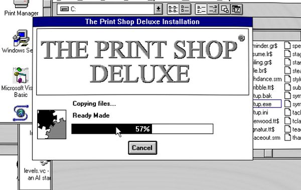 Screenshot of the Print Shop Deluxe 2.0 installation setup wizard in progress.