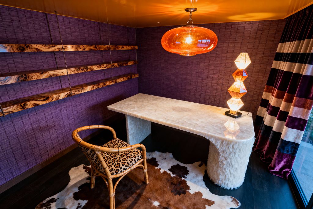 A jewel-toned home office with plum woven wallpaper features floating burl-wood shelves suspended on slim metal rods and a sculptural white onyx desk with one leg wrapped in shaggy white faux fur. A rattan chair upholstered in leopard print sits on a brown-and-white cowhide over dark wood floors, while an amber glass pendant and a stacked geometric table lamp glow beside floor-to-ceiling striped velvet curtains and a reflective gold ceiling.
