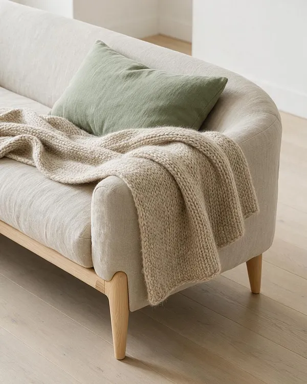 A Scandinavian-style sofa with a light beige upholstered frame, rounded arms, and tapered oak legs. A sage green pillow and chunky knit throw blanket add soft texture against the neutral linen-like fabric and pale wood floor.