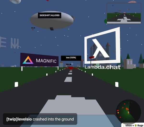 A virtual runway scene featuring various elements like blimps, billboards, and a crash notification.