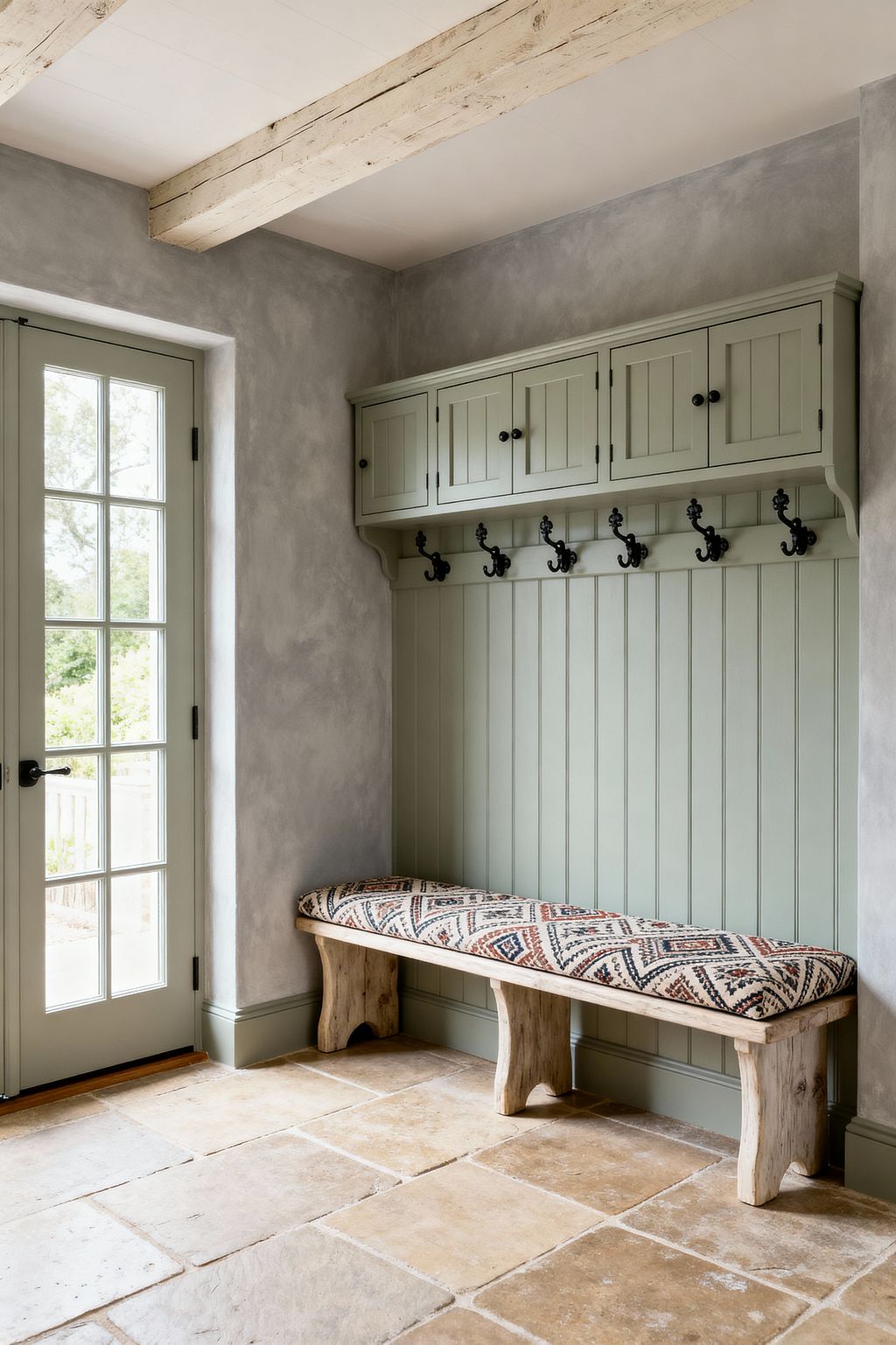 A French Country mudroom with sage green beadboard cabinetry and Shaker-style upper cupboards on corbels, a row of black iron hooks, and a matching glass-paneled French door. A rustic pale wood bench topped with a patterned kilim cushion sits on tumbled limestone tiles, while gray limewashed plaster walls and pale, weathered ceiling beams add texture and light to the space.