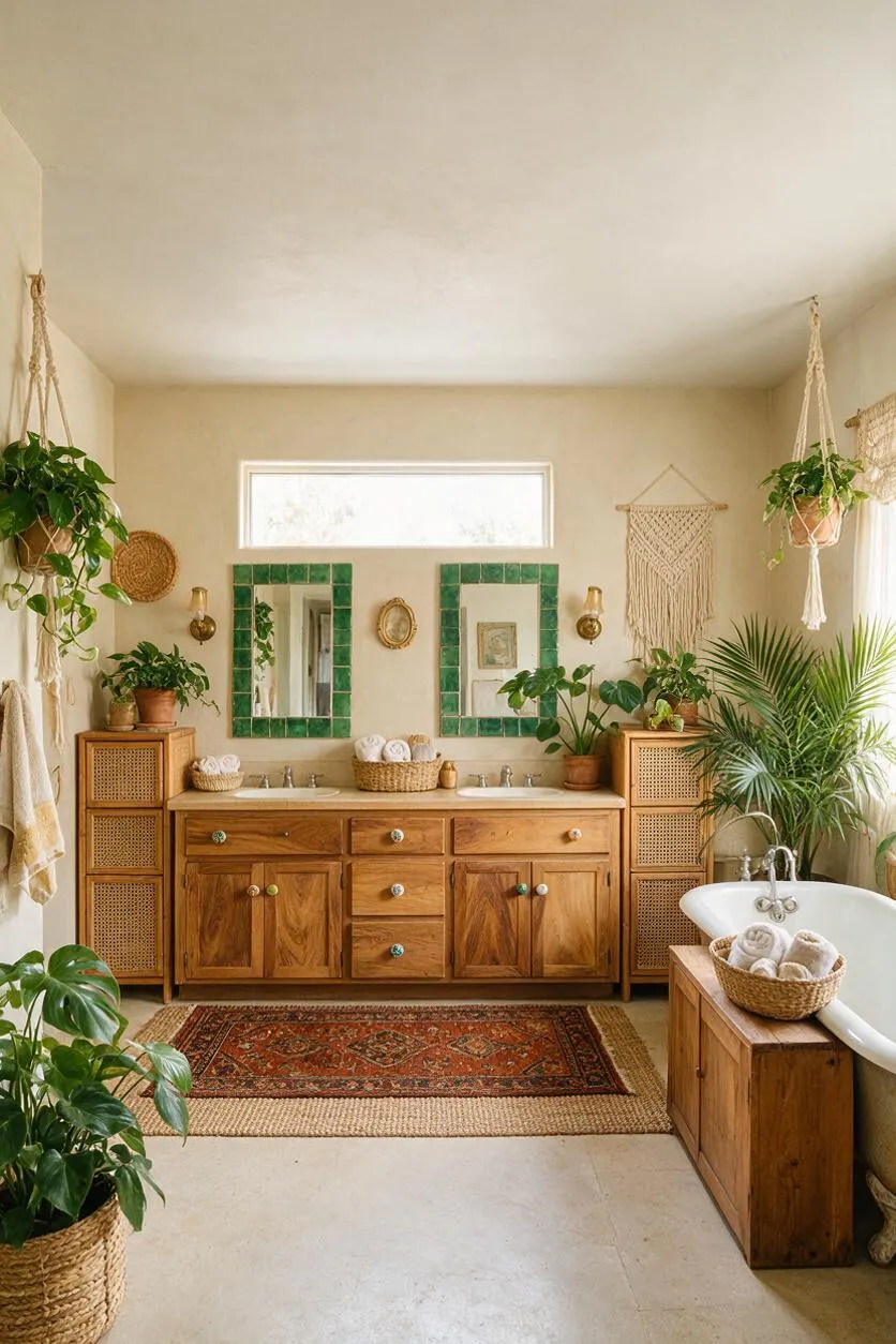 A bohemian master bathroom with a warm wood double vanity, two green-tiled mirrors, and abundant potted plants. A vintage-style rug, woven baskets, hanging planters, and a white freestanding tub create a relaxed, earthy sanctuary.