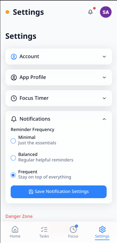 The image displays the settings interface of a web app designed for managing tasks and notifications.