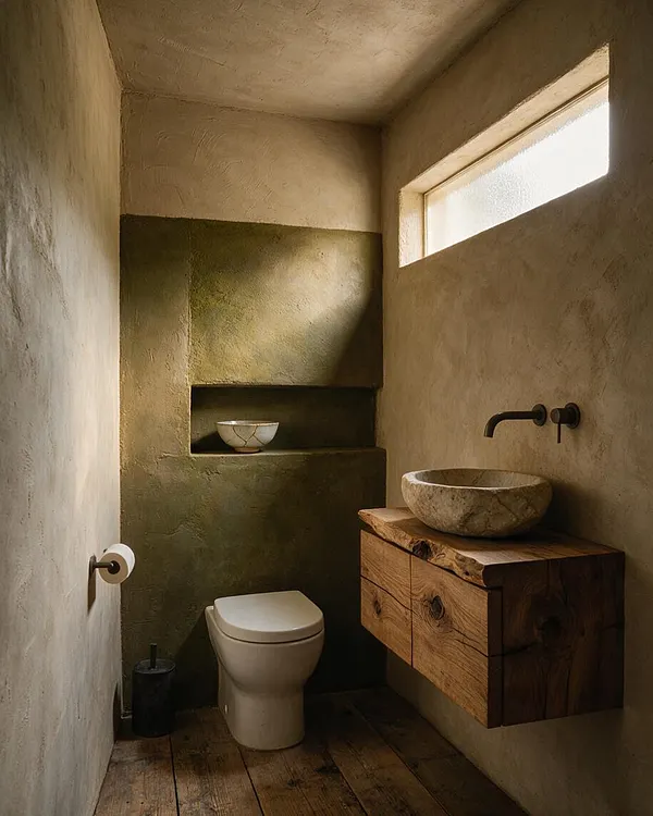 A narrow powder room with textured plaster walls, a small horizontal window high on the right wall, and warm natural light. The room features a wall-mounted wooden vanity with a live-edge top, a round stone vessel sink, a minimalist wall faucet, a white toilet, and built-in recessed shelving with a small ceramic bowl.