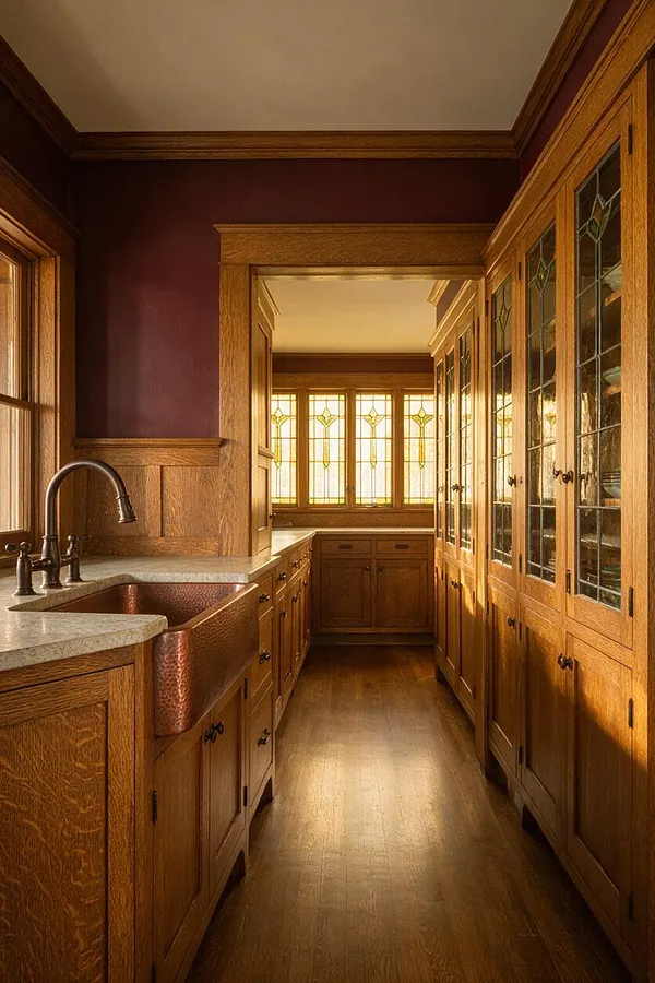A narrow Craftsman-style kitchen with rich wood cabinetry, dark burgundy walls, and a copper apron-front sink beneath a curved dark faucet. Glass-front cabinets line the right side, while a leaded glass window glows at the back, filling the space with warm light.