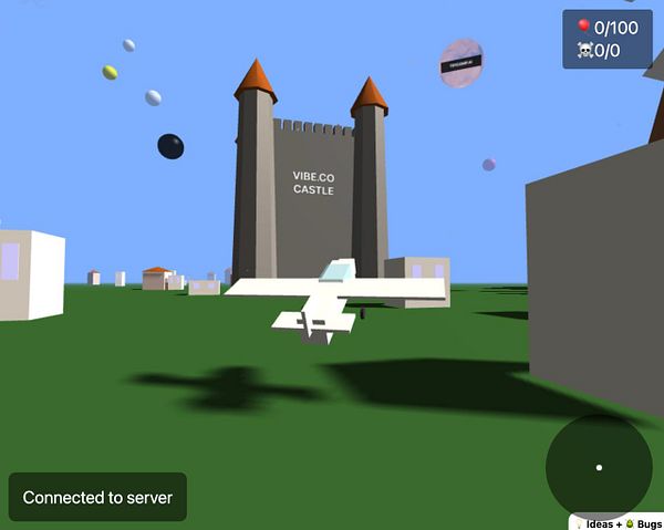 A virtual scene featuring a small airplane flying towards a castle labeled 'VIBE.CO CASTLE'.