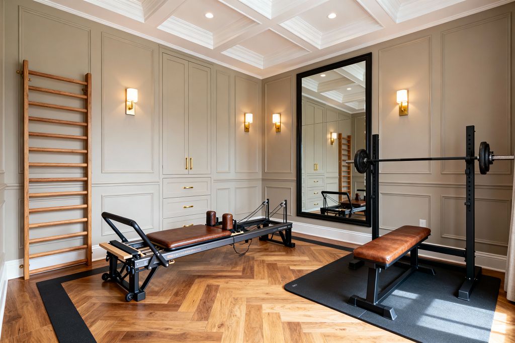 A refined home gym combines classic architecture with modern equipment, featuring taupe paneled walls with integrated cabinets, brass pulls and wall sconces, and a large black-framed mirror reflecting a coffered ceiling with recessed lighting. Warm herringbone oak floors and black rubber mats define zones around a Pilates reformer, a barbell bench with cognac leather, and a wood stall bar, creating an inviting, organized, and polished workout environment.