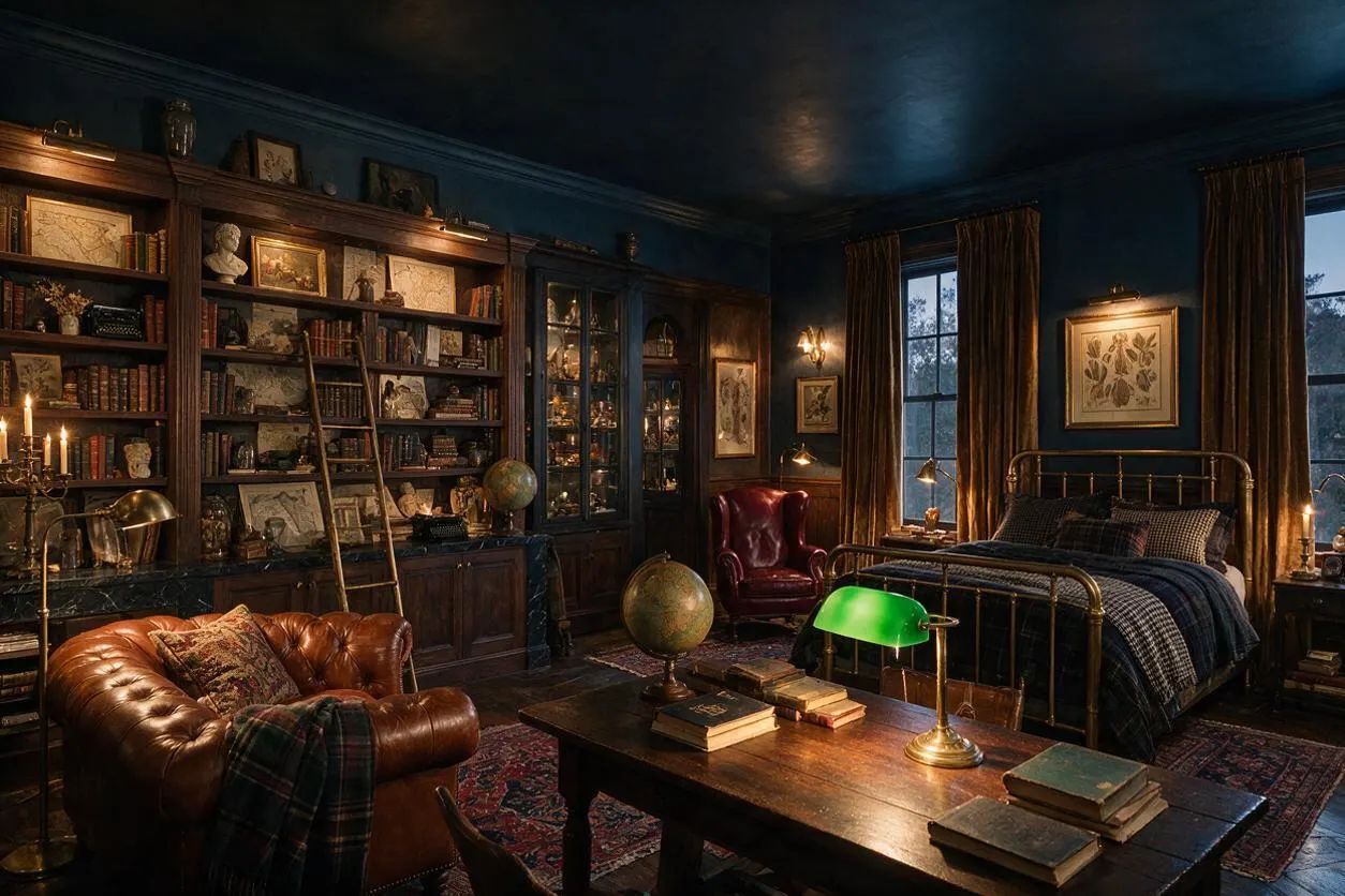 A moody kids' room styled in Dark Academia decor, featuring dark blue walls and ceiling, a brass bed frame with layered dark bedding, a leather armchair, and a wall of built-in wooden bookshelves filled with books and framed art. Warm lamps, candles, globes, and patterned rugs add an old-library atmosphere.