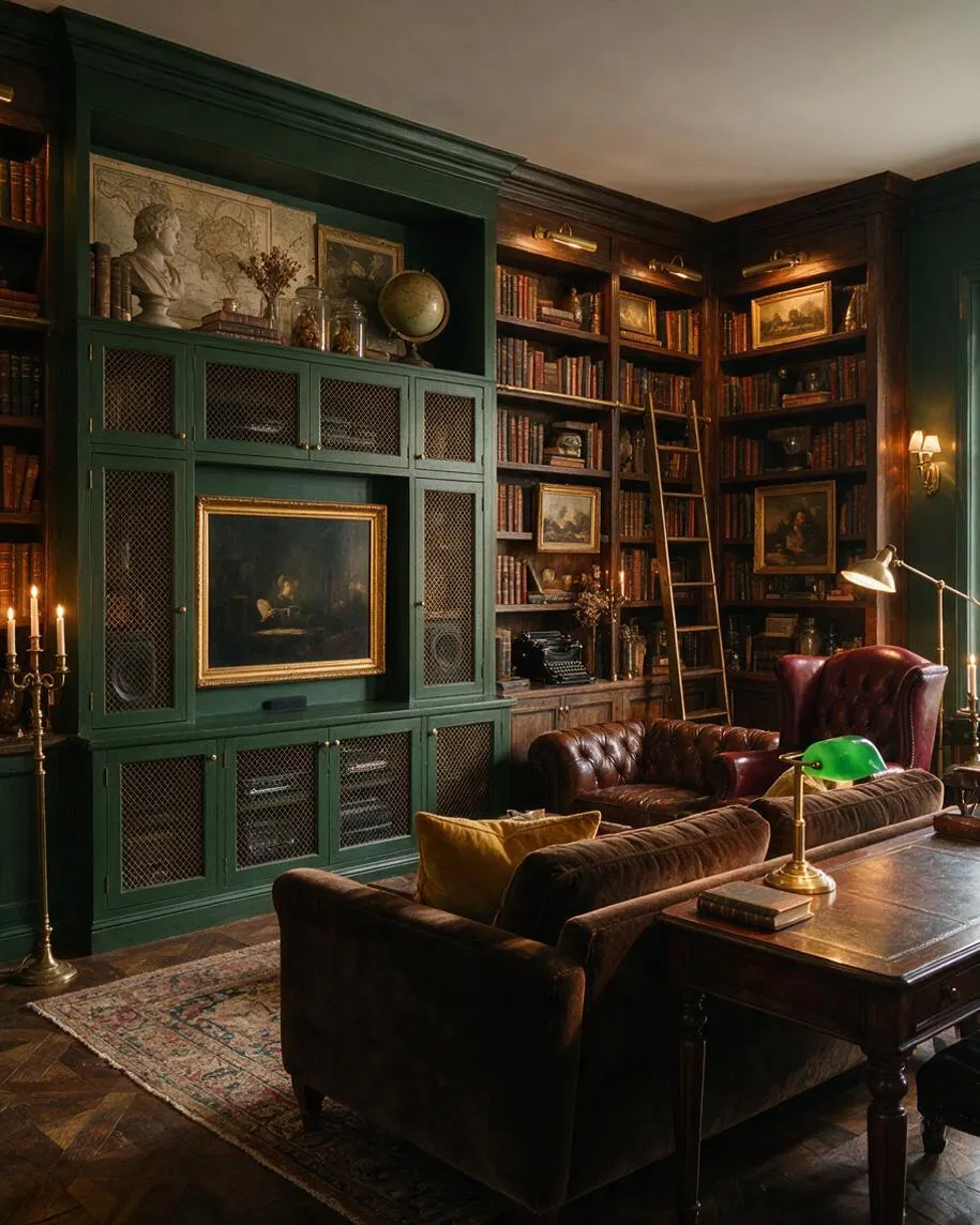A moody media room styled like a traditional library, with deep green built-in cabinetry, dark wood bookshelves, leather seating, and framed art. Brass lamps, candles, and vintage decor create a warm, scholarly atmosphere with layered textures and rich, low lighting.