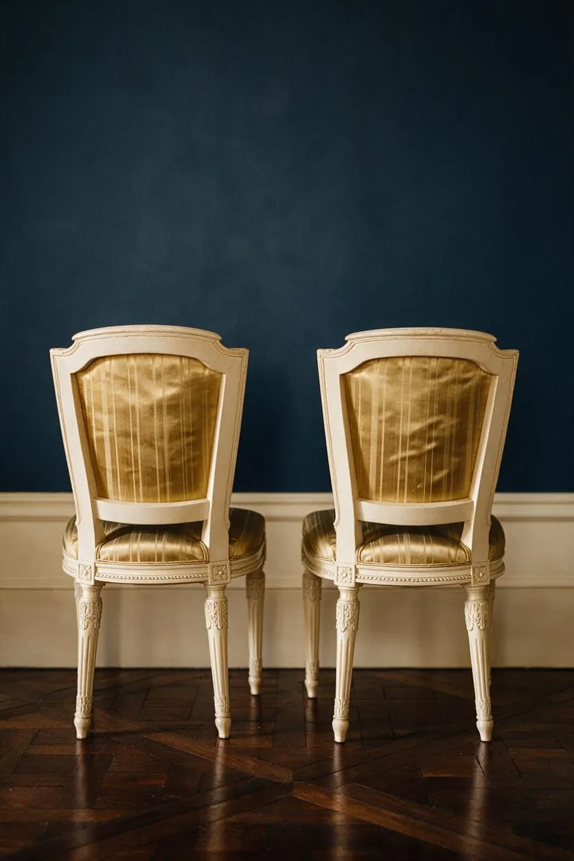 Two traditional upholstered side chairs are positioned side by side against a deep blue wall. Each chair has a painted cream wood frame, a curved crest rail, gold silk-like upholstery, carved legs, and a dark herringbone wood floor below.