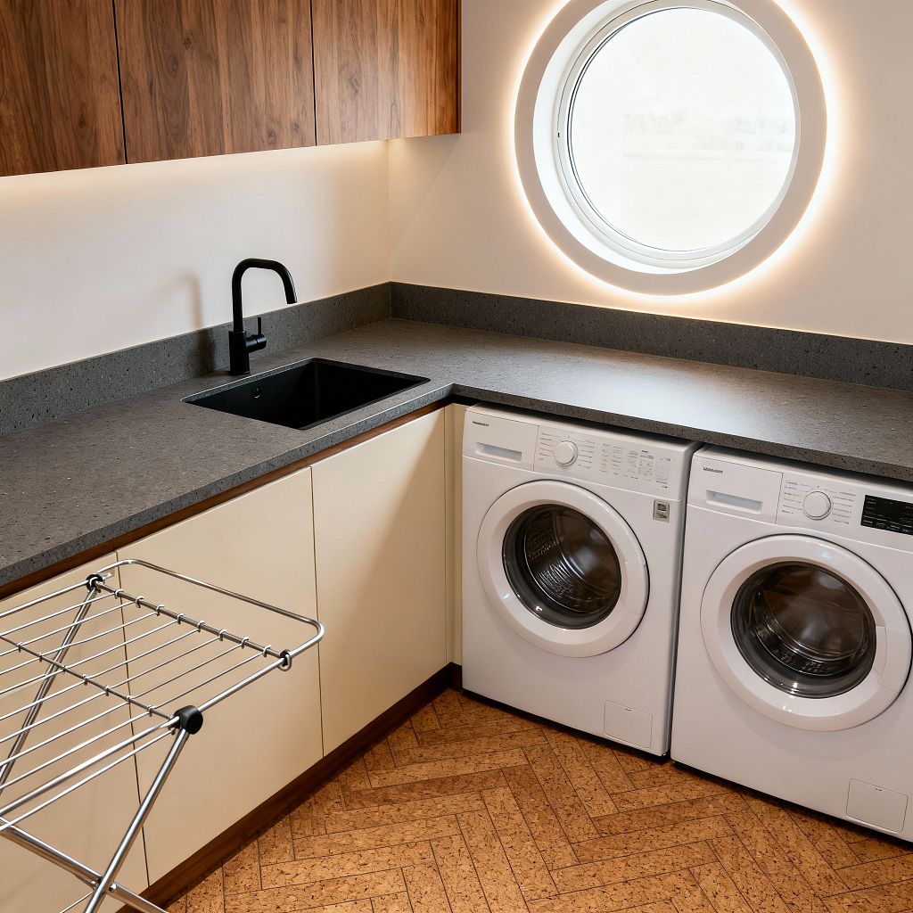 A contemporary L-shaped laundry room with charcoal gray countertop, matte black undermount sink and faucet, and handleless cream base cabinets beneath walnut wall cupboards. Two white front-loading machines are fitted under the counter. A circular porthole-style window with concealed perimeter lighting glows on the right, complemented by warm under-cabinet LEDs. Honey-toned herringbone wood flooring and a stainless drying rack complete the clean, minimal look.