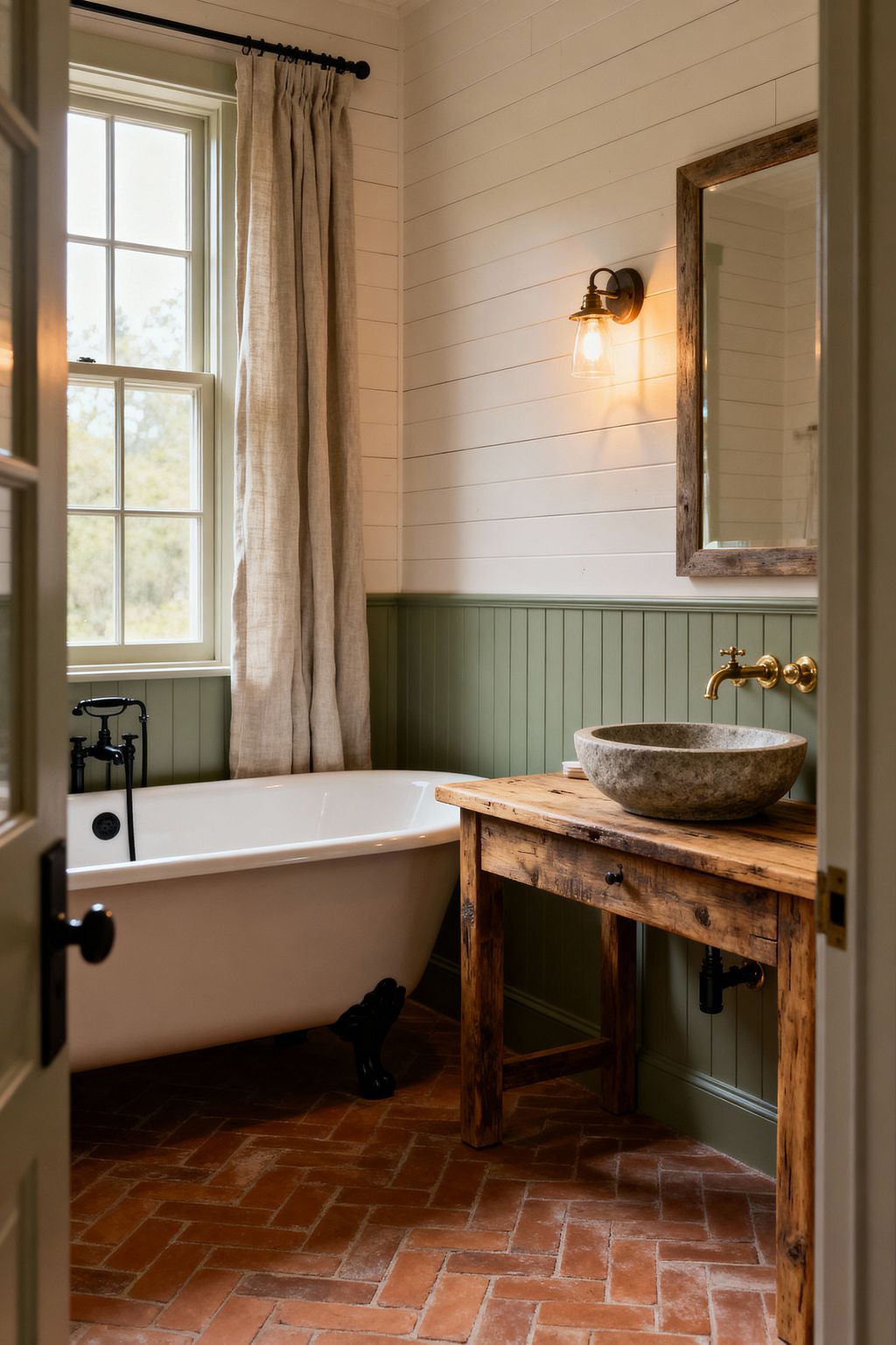 A small farmhouse bathroom with white shiplap walls over sage green beadboard features a white clawfoot tub with black fixtures beside a window dressed in linen curtains. A rustic reclaimed-wood console supports a round stone vessel sink with a wall-mounted brass faucet, paired with a glass-shaded sconce and weathered wood mirror; underfoot, terracotta tiles laid in herringbone add warmth and texture.