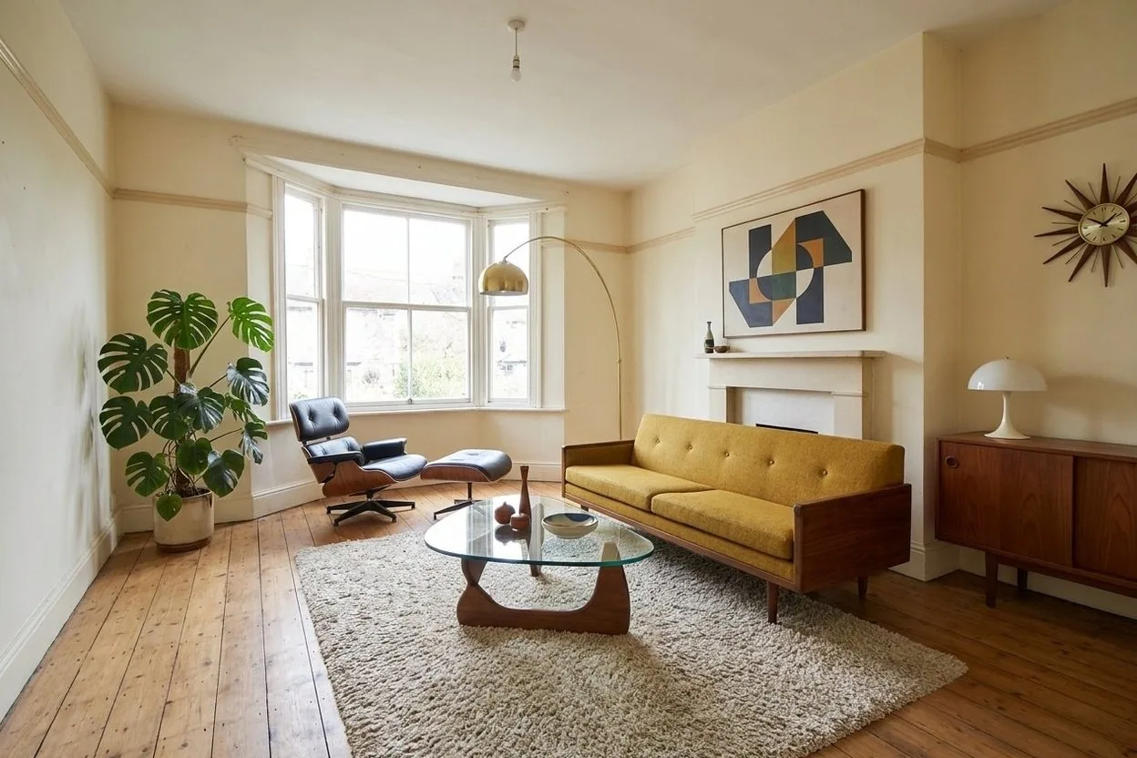 The same empty room, staged in the Mid-Century Modern style