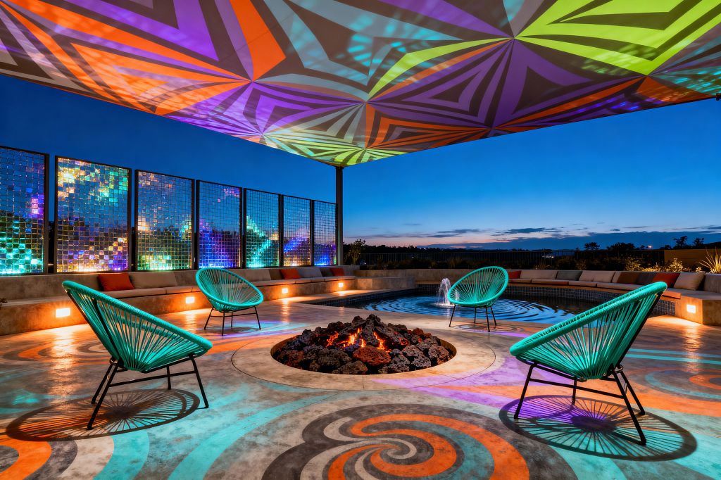Nighttime patio with a geometric tensile canopy projecting neon purples, oranges, and lime onto a swirl-painted concrete floor. A circular lava-rock fire pit sits center stage, surrounded by four turquoise Acapulco chairs and a curved concrete bench with cushions; iridescent glass-tile screens line the perimeter, recessed LED lights glow at the base, and a small round fountain ripples beside the seating.