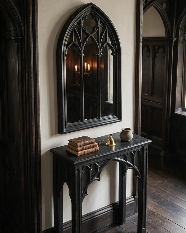A narrow Gothic-inspired hallway vignette with a pointed-arch black mirror above a small black console table. The table is styled with stacked antique books, a brass bell, and a small gray vessel, while dark carved wood trim and wood floors deepen the moody atmosphere.