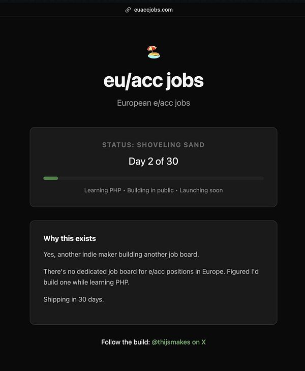 A screenshot of a temporary landing page for a job board focused on European e/acc jobs.