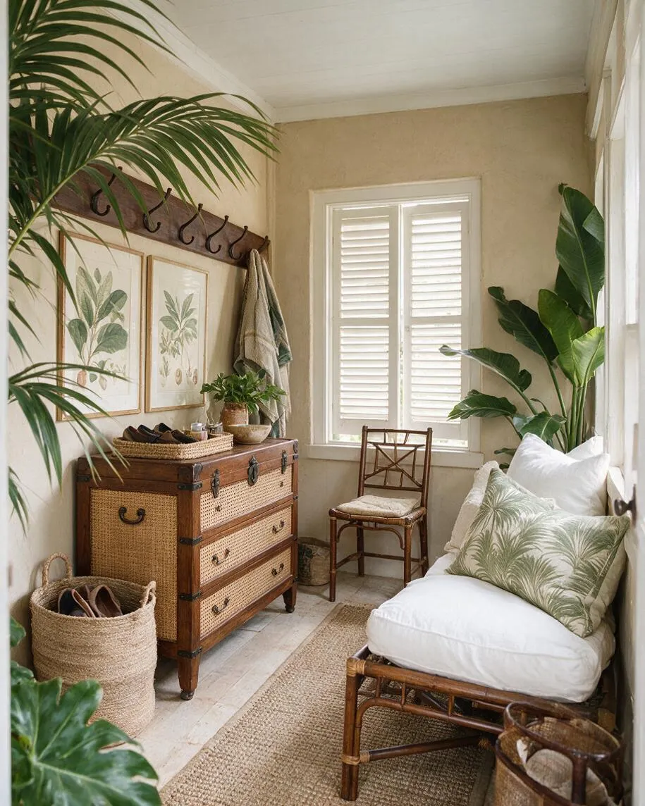 A narrow tropical front porch with beige plaster walls, white trim, and shuttered windows. The space includes a woven-front wooden chest, a bamboo chair, a cushioned rattan bench, framed botanical art, and large leafy potted plants, creating a relaxed, airy entryway.