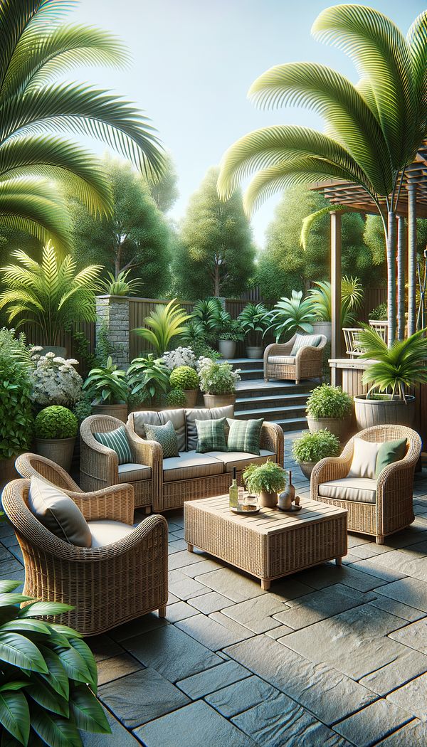 A cozy outdoor patio furnished with wicker chairs, a sofa, and a coffee table, surrounded by green plants.